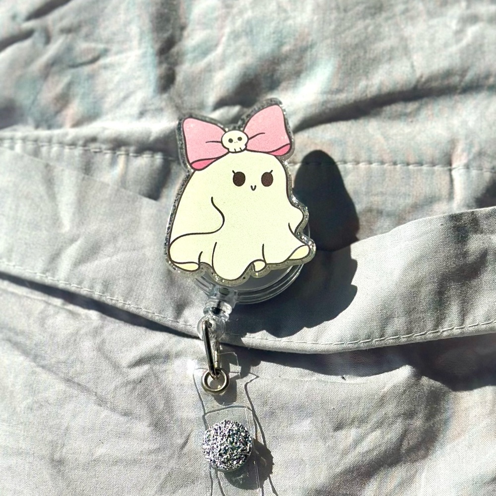 Cute Ghost Badge Reel with Pink Bow